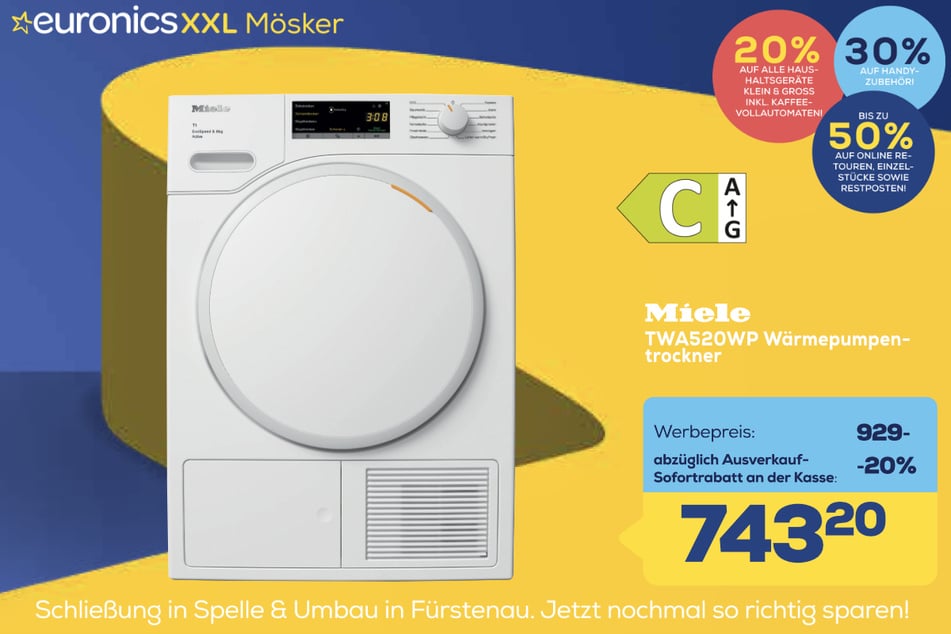 Miele-Wärmepumpentrockner TWA520WP
für 743,20 statt 929 Euro.