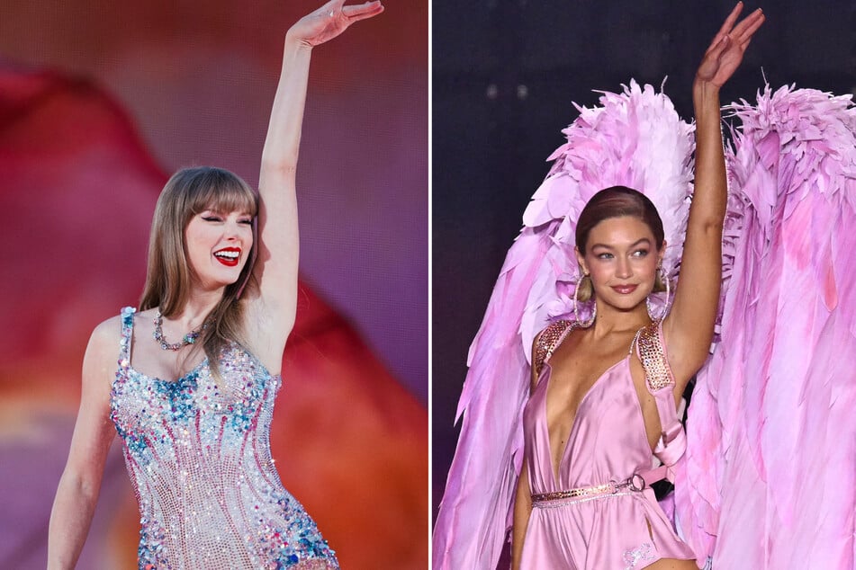 Gigi Hadid (r.) paid homage to her longtime friend, Taylor Swift, as the model made her return to the Victoria's Secret runway on Tuesday.