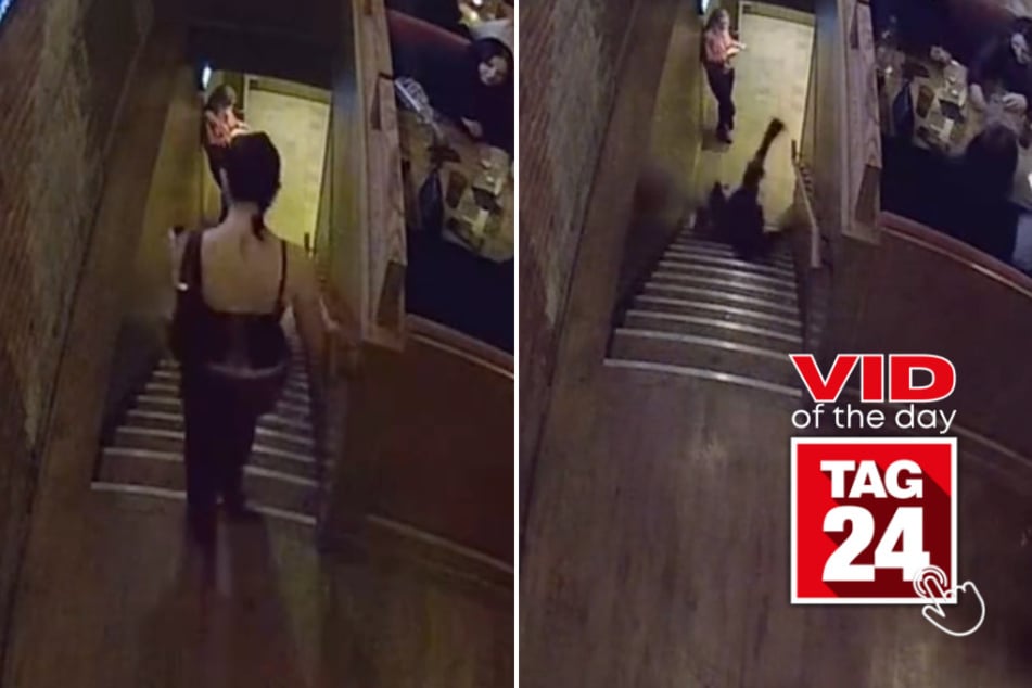 viral videos: Viral Video of the Day for November 18, 2025: Woman's platform shoes betray her in hilarious bar staircase tumble
