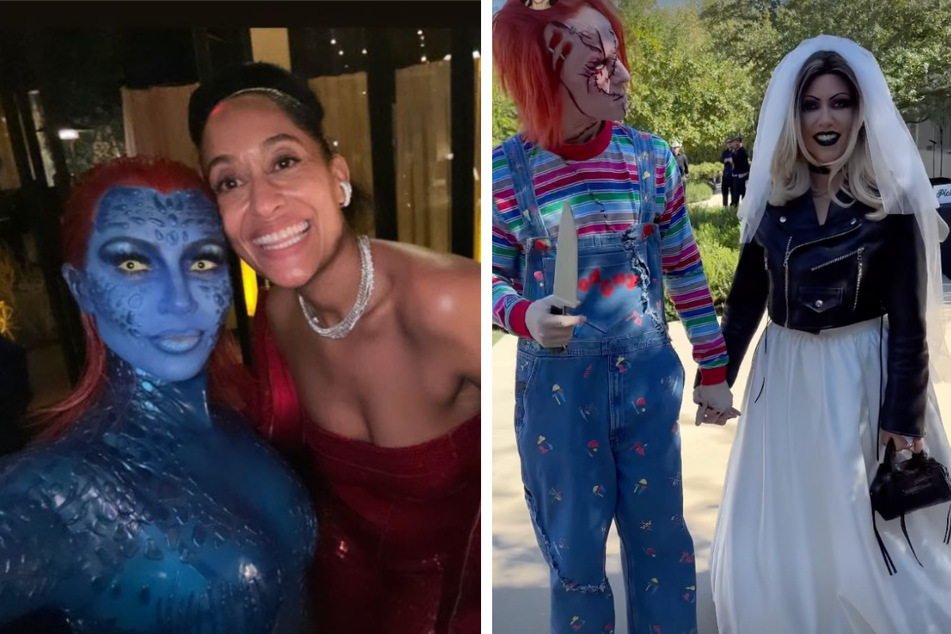 Kim Kardashian took a Mystique selfie with birthday girl Tracee Ellis Ross (l.) and hosted her sister Kourtney Kardashian and husband Travis Barker (r.) at a Halloween party at her home the next day.