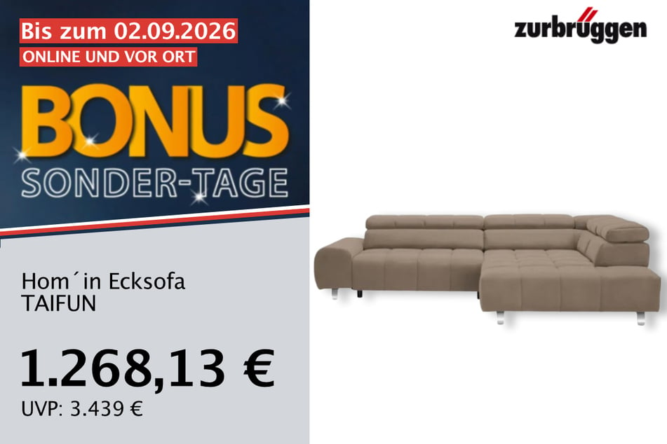 Das Hom'in Ecksofa TAIFUN
für 1.268,13 statt 3.439 Euro.