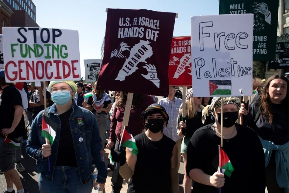 Demonstrators march for Palestinian liberation and an end to US aid to Israel in Denver, Colorado.