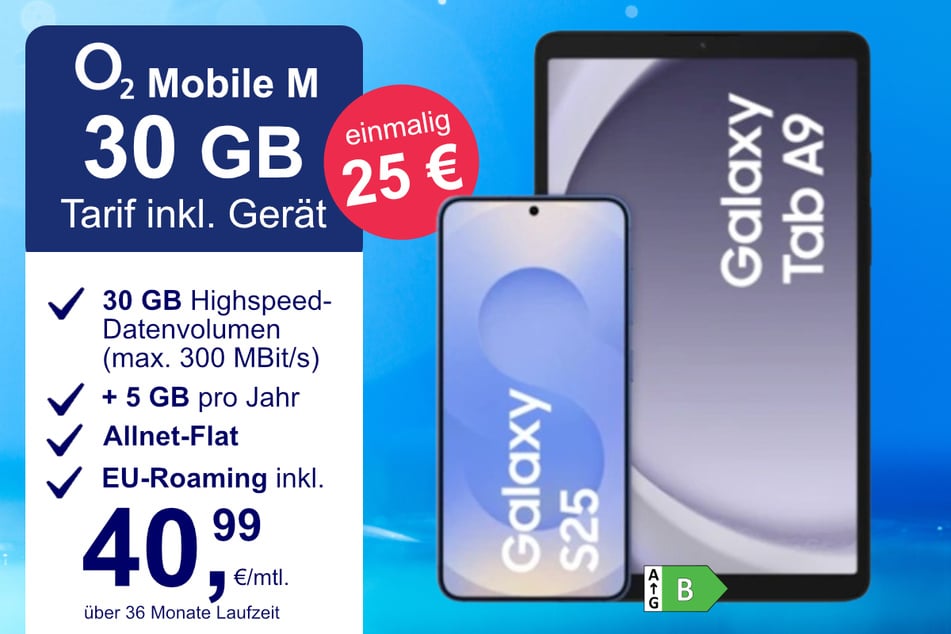 Das Samsung Galaxy S25 + Tab A9 im o2 Mobile M für einmalig 25 Euro.