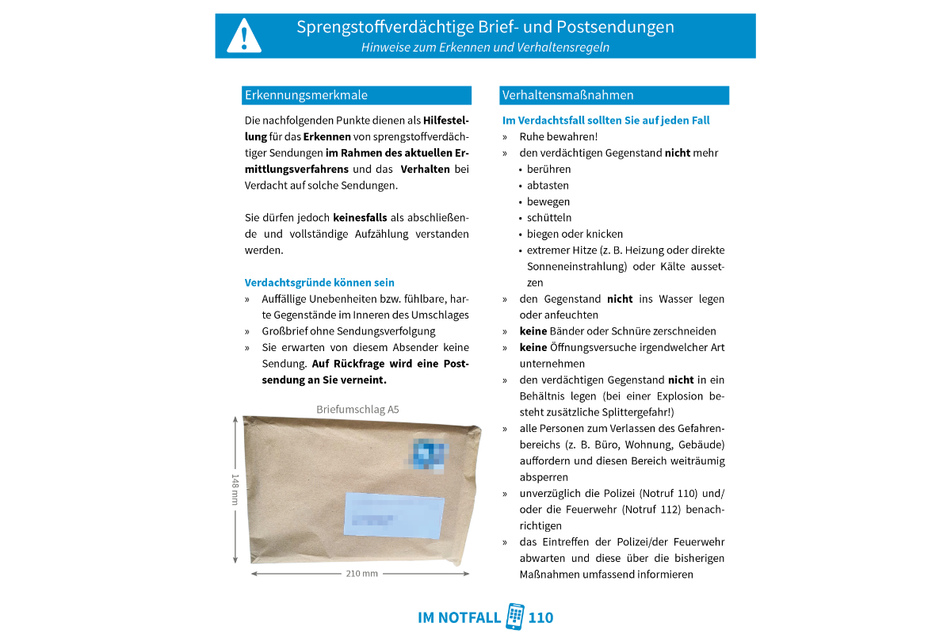 Das Polizeipräsidium Mittelfranken warnt vor gefährlichen Briefsendungen.