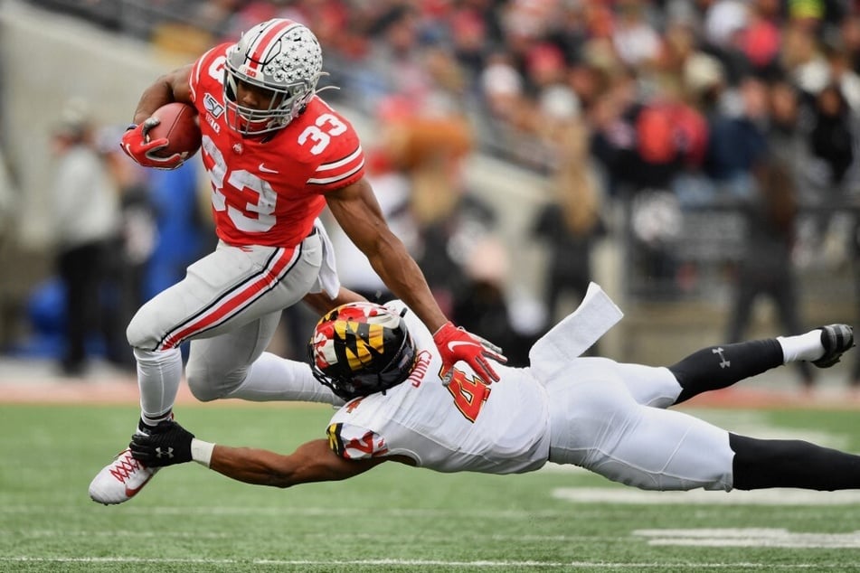 Keandre Jones of the Maryland Terrapins plunges for a tackle during a game against The Ohio State Buckeyes in the Horse Shoe Stadium.