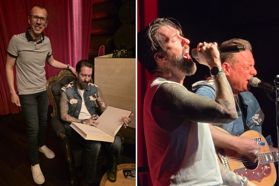 Heiko Wersig (l.) nutzte die Gelegenheit beim Konzert im Timberjacks, damit sich die beiden Sänger von The BossHoss in das "Goldene Buch" der Gemeinde eintrugen.