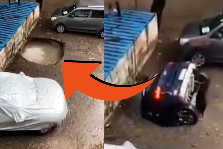 Auto versinkt in schlammigem Loch auf Parkplatz