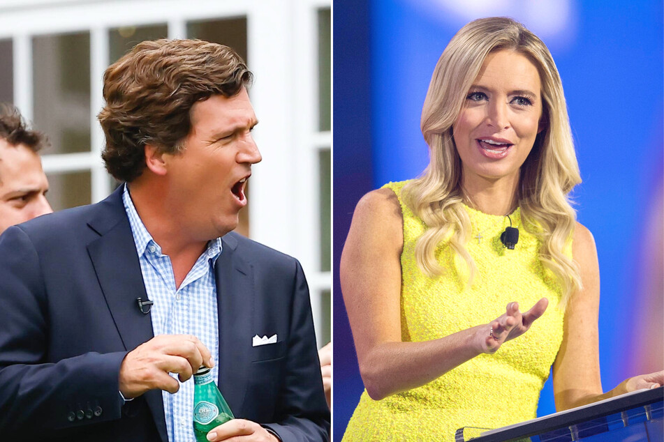 Fox News is facing heat after hiring former White House press secretary Kayleigh McEnany (r) to fill Tucker Carlson's vacant time slot next week.