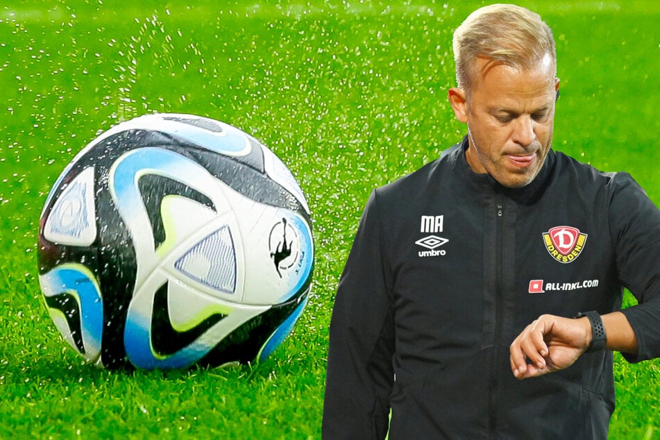 Ein Blick auf die Uhr bei Dynamo-Trainer Markus Anfang (49). Die Uhr bis zum Anpfiff in Saarbrücken tickt, wird der Ball wirklich rollen?