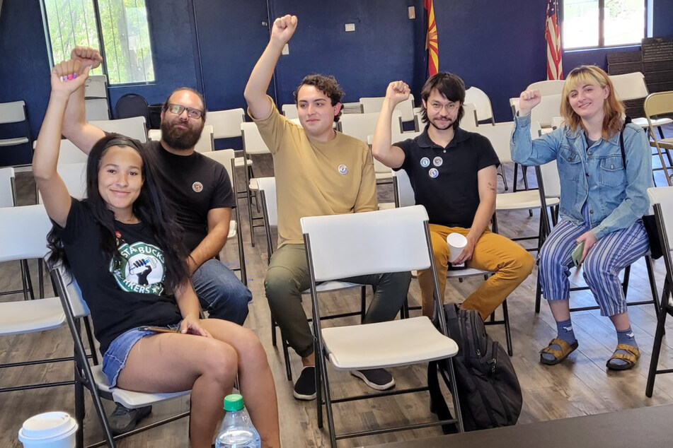 Starbucks workers in Tucson, Arizona, together with organizers from around the state, celebrated the Euclid and University store's 11-3 union win.