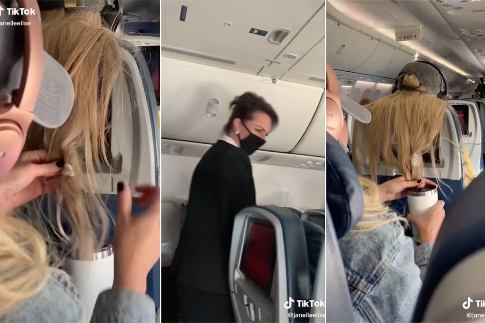 In dem TikTok-Clip sieht man sogar, wie eine Stewardess an den beiden Frauen vorbeiläuft, doch sie unternimmt nichts gegen die haarige Racheaktion.