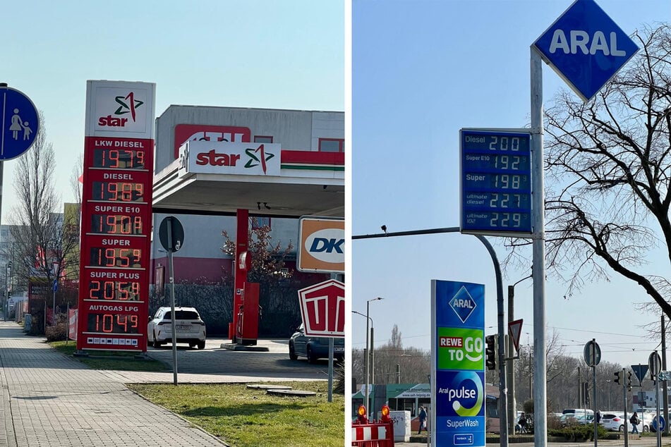Auch in Leipzig stiegen die Spritpreise bis zum Mittwochnachmittag spürbar an, wie hier an der star-Tankstelle auf der Maximilianallee (l.) oder bei der Aral an der Max-Liebermann-Str.
