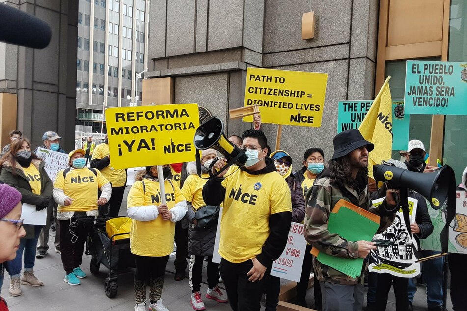 Immigrants' rights activists gathered outside the IRS' New York office to demand a pathway to citizenship and other reforms.