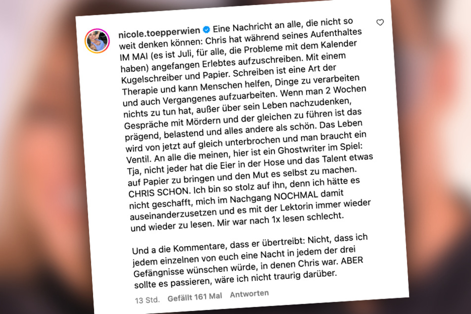 Nicole verteidigte das Buch-Projekt ihres Mannes Chris Töpperwien (50) öffentlich und wies die Ghostwriter-Vorwürfe einiger Fans entschieden zurück.