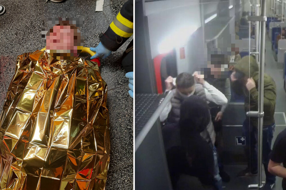 Links: Der bewusstlose Schüler beim Abtransport ins Krankenhaus. Seine Angreifer zogen sich vor der Attacke Kapuzen ins Gesicht, wie Kameraaufnahmen (rechts) zeigen.