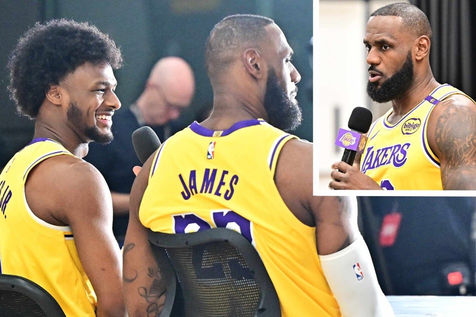 LeBron James (r.) and his son Bronny James at the Lakers media day at UCLA Health Training Center in El Segundo, California on Monday.