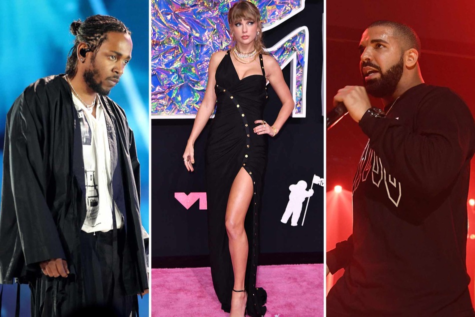 Here's everything you need to know about how Taylor Swift (c.) got dragged into rappers Drake (r.) and Kendrick Lamar's (l.) apocalyptic feud.