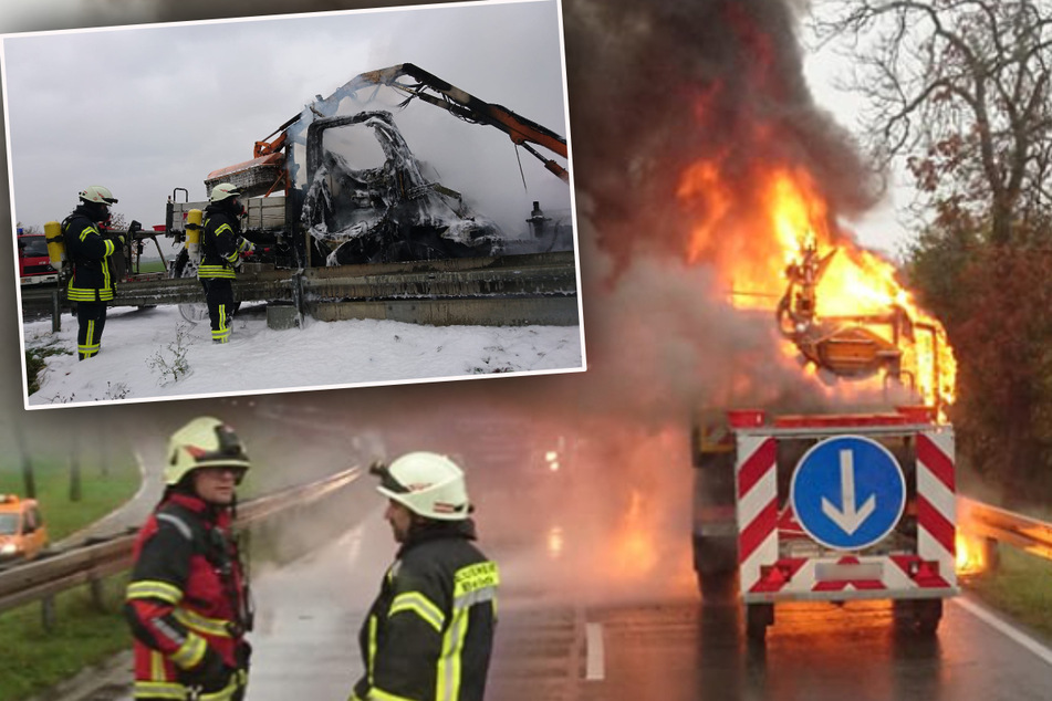 Maschine komplett zerstört: Unimog auf Laster geht mitten auf B87 in Flammen auf
