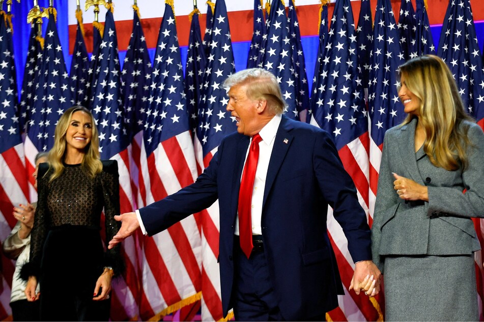 (From l. to r.) Lara Trump, Donald Trump, and Melania Trump during an election night event in West Palm Beach, Florida on November 06, 2024.