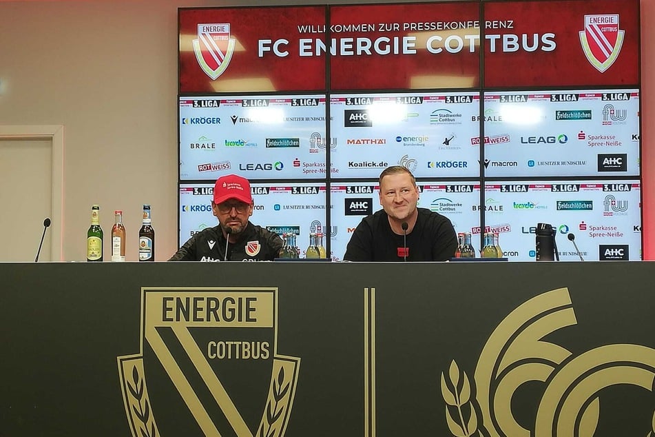 Cottbus-Trainer Pele Wollitz (60, l.) regt eine Neuverteilung der TV-Gelder der 3. Liga an.