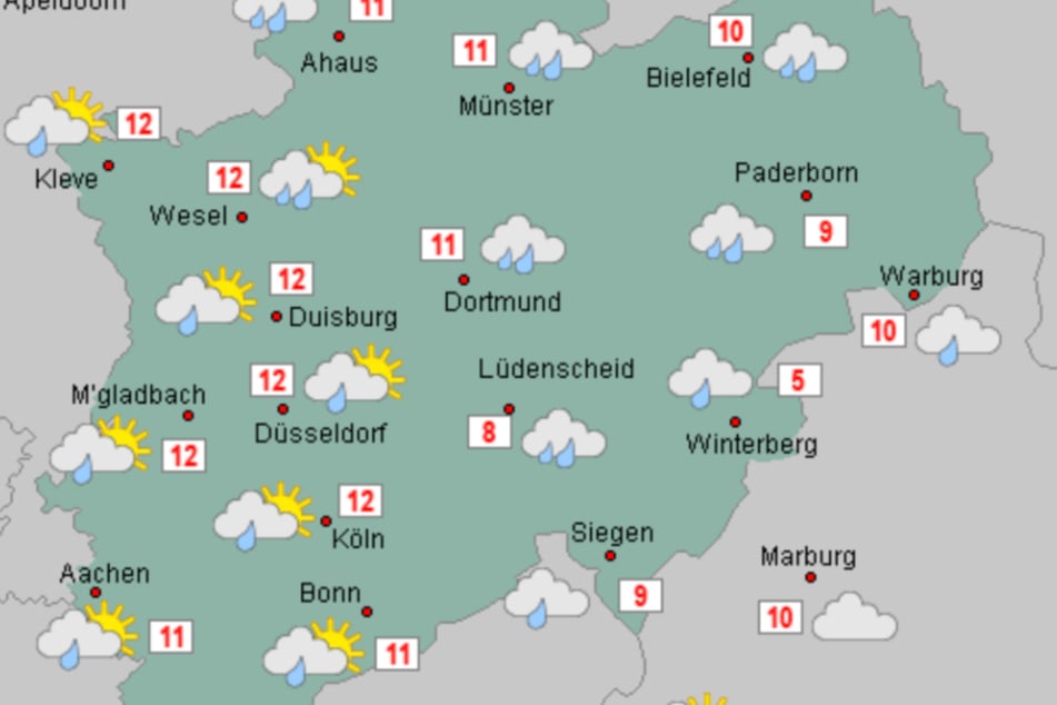 Auch am Montag kann es in Nordrhein-Westfalen gebietsweise nass werden.