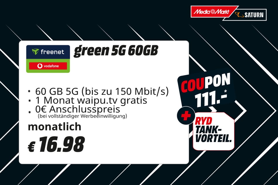 green 5G 60GB für 16,98 Euro im Monat (statt 56,99 Euro/Monat).