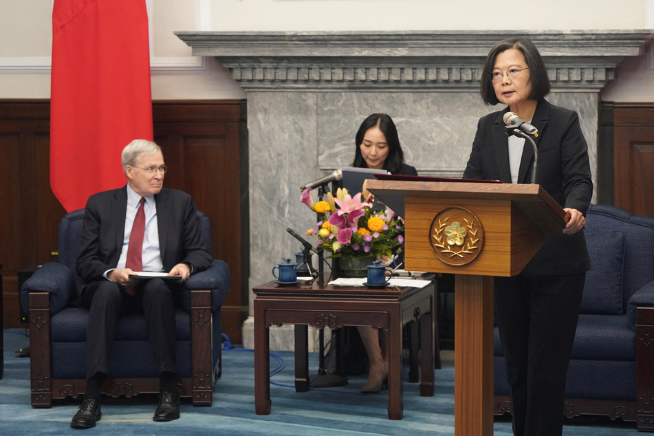 Taiwan's President Tsai Ing-wen meets former US National Security Advisor Stephen J. Hadley at the Presidential building in Taipei on January 15, 2024.