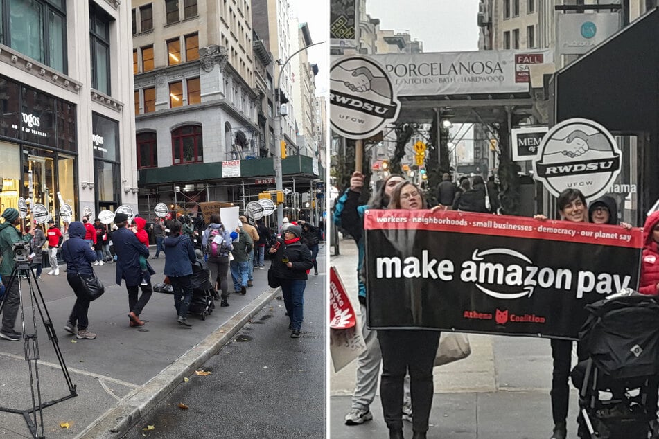 Amazon workers and union reps protested in front of billionaire Jeff Bezos' Manhattan apartment.