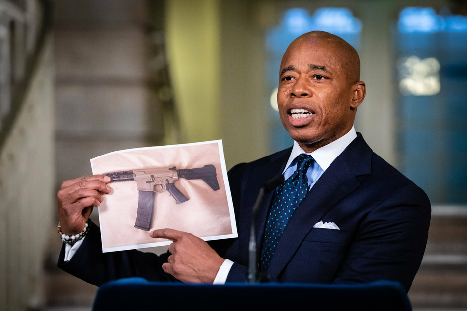 New York Mayor Eric Adams unveils his plan to address gun violence during a press conference at City Hall.