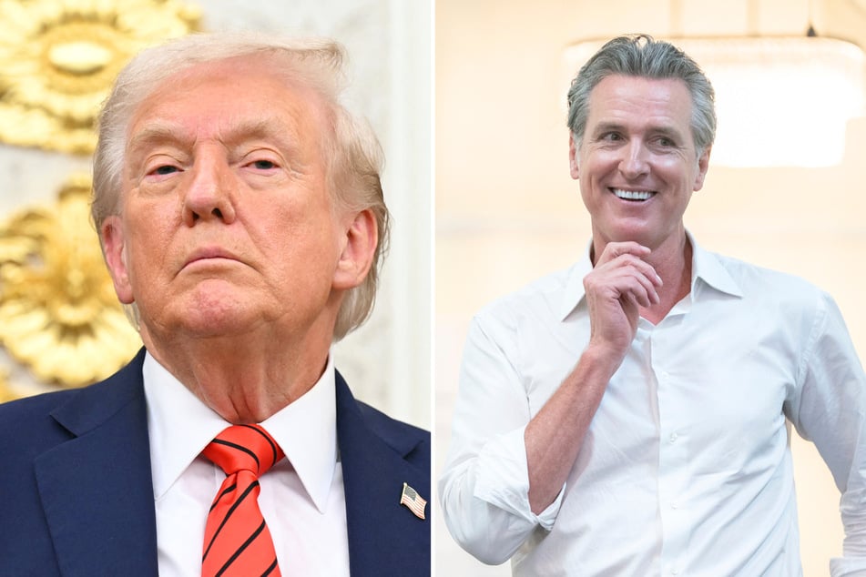 In a recent social media post, California Governor Gavin Newsom (r.) shared an edited photo of Donald Trump's new TIME Magazine cover with the president's neck censored.
