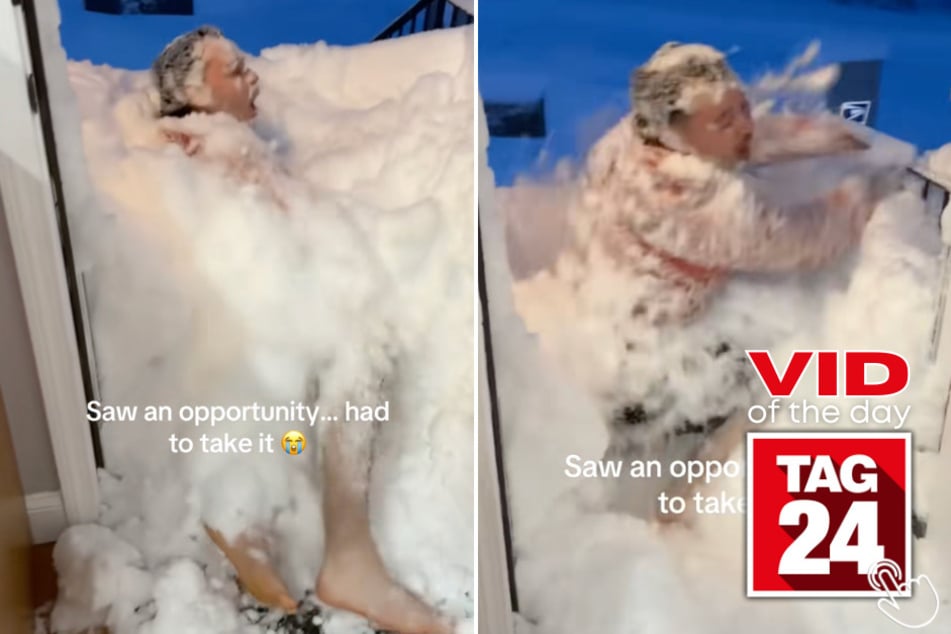 This woman pushed her husband into a wall of snow outside their front door – two times!