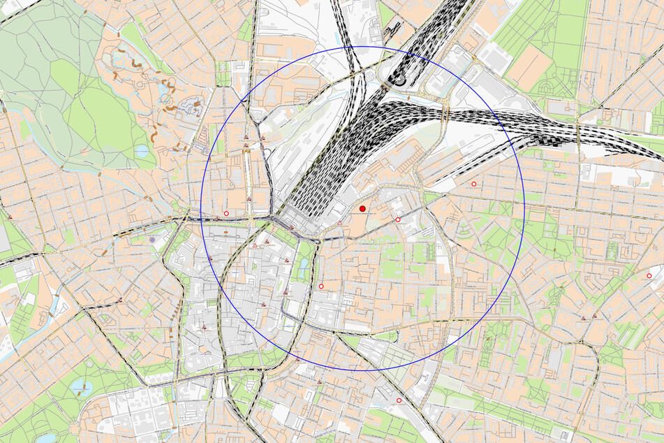 Diese Karte der Stadt Leipzig zeigt einen möglichen und vorläufigen 1000-Meter Sperrkreis um den Fundort.