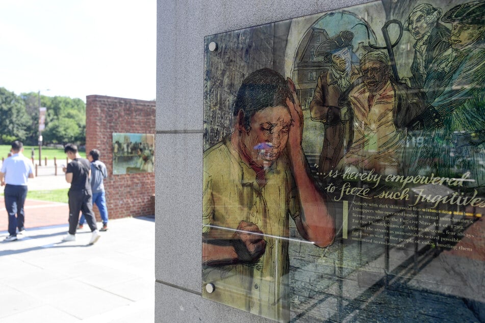 Exhibits on slavery and the Founding Fathers are pictured at the President's House in Philadelphia, Pennsylvania, on August 9, 2025.