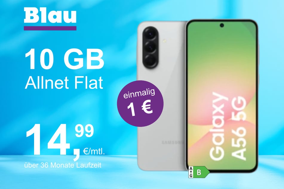 Das Samsung Galaxy A56 5G im Blau Allnet S für einmalig 1 Euro.