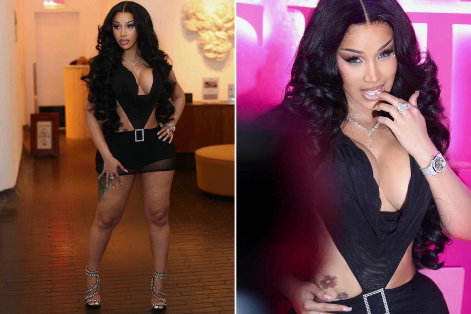 Cardi B rocked a revealing black dress with bling shining on a prominent belt buckle and her high heels.