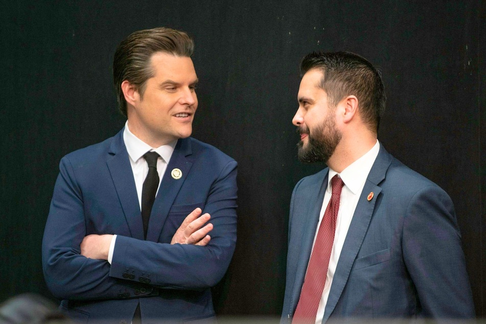 Far-right Florida Representative Matt Gaetz (l.) speaking with Colorado GOP chair Dave Williams during a state assembly in Pueblo, Colorado on April 6, 2024.