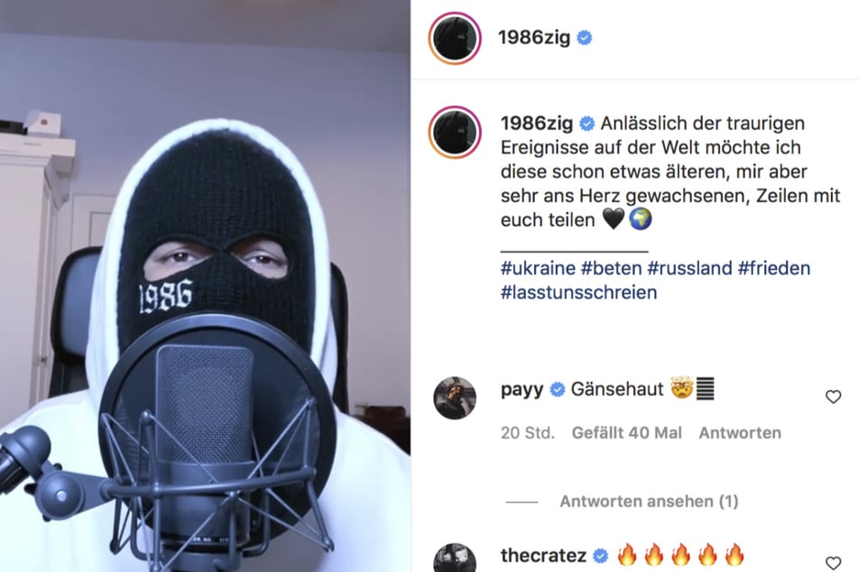 Der Sänger mit dem Künstlernamen "1986zig" zeigte sich seinen Followern bislang nur mit Sturmmaske im Gesicht. Bei Instagram veröffentlichte er nun einen Friedenssong.