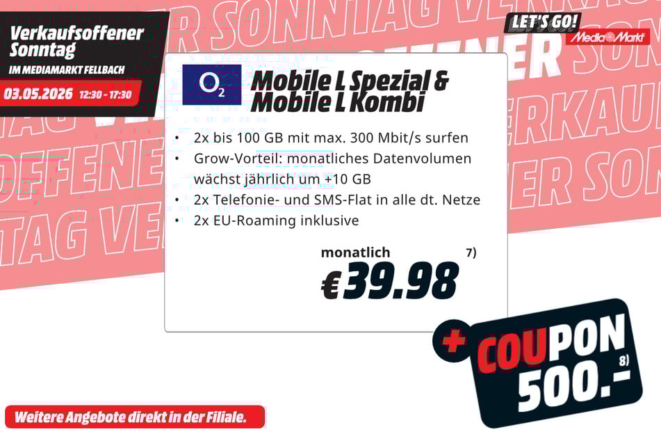 o2 Mobile L Spezial + Mobile L Kombi abschließen, 500 Euro-Coupon kassieren.