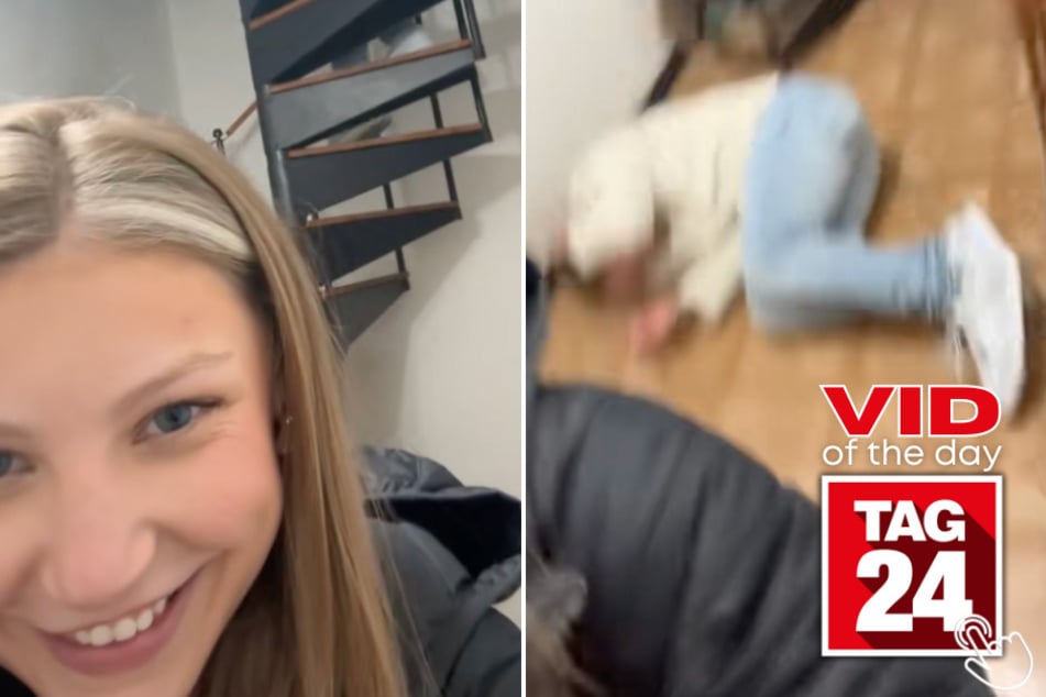 Today's Viral Video of the Day features a girl who caught her boyfriend toppling down her spiral staircase!