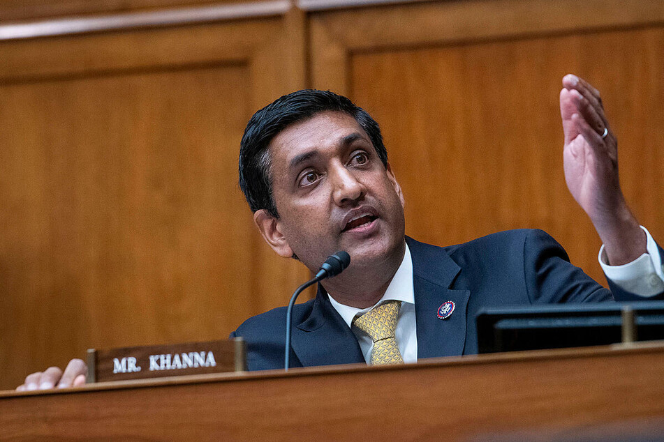 Representative Ro Khanna questioning witnesses during congressional hearing on disinformation of fossil fuel industry.