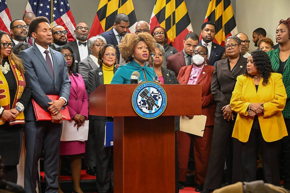 Maryland Delegate Jheanelle K. Wilkins speaks to the media during a press conference outlining the Legislative Black Caucus' 2025 priorities, including reparations.