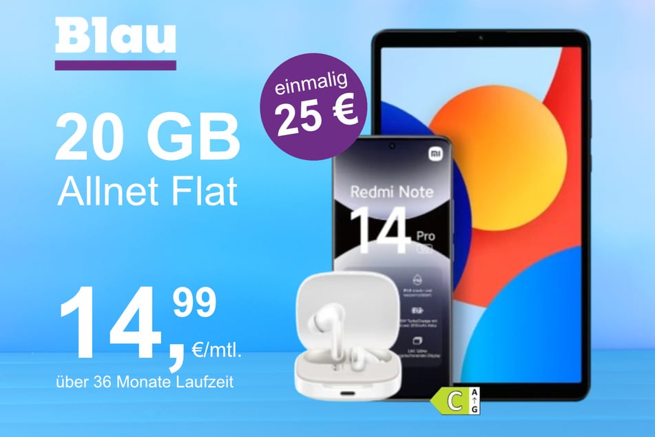 Das Xiaomi Redmi Note 14 Pro + Pad SE + Buds 6 im Blau Allnet M für einmalig 25 Euro.