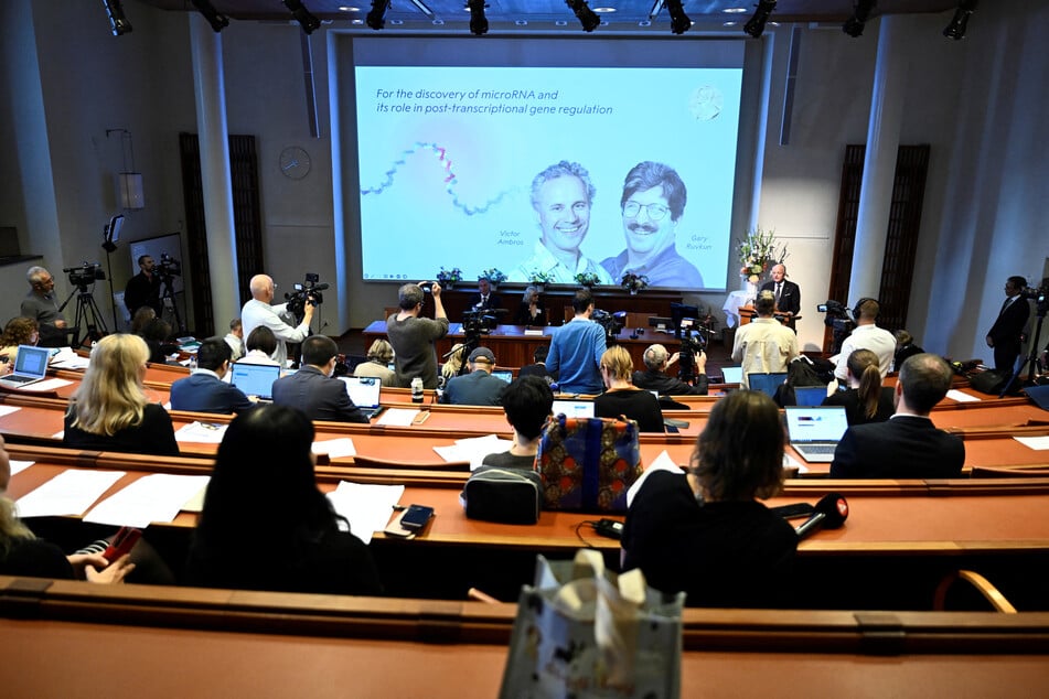 Victor Ambros and Gary Ruvkun are announced as winners of this year's Nobel Prize in Physiology or Medicine during a press conference at the Karolinska Institute in Stockholm, Sweden.