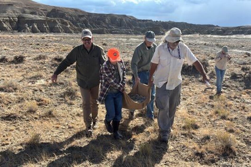 Nach einer ersten Untersuchung wurde das Fossil abtransportiert, Touren Pope (11) durfte helfen.