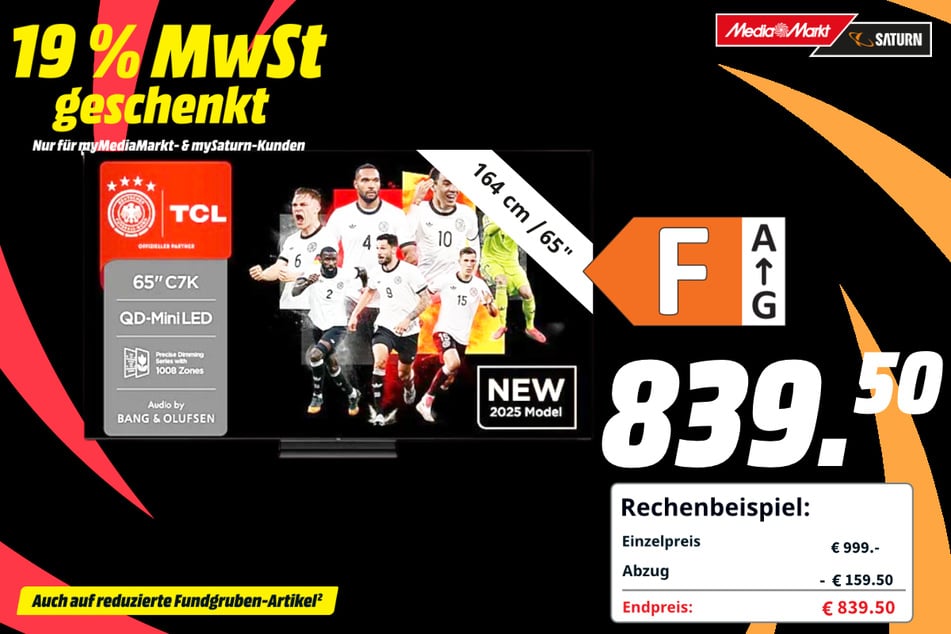 65-Zoll TCL-Fernseher für 839,50 Euro.