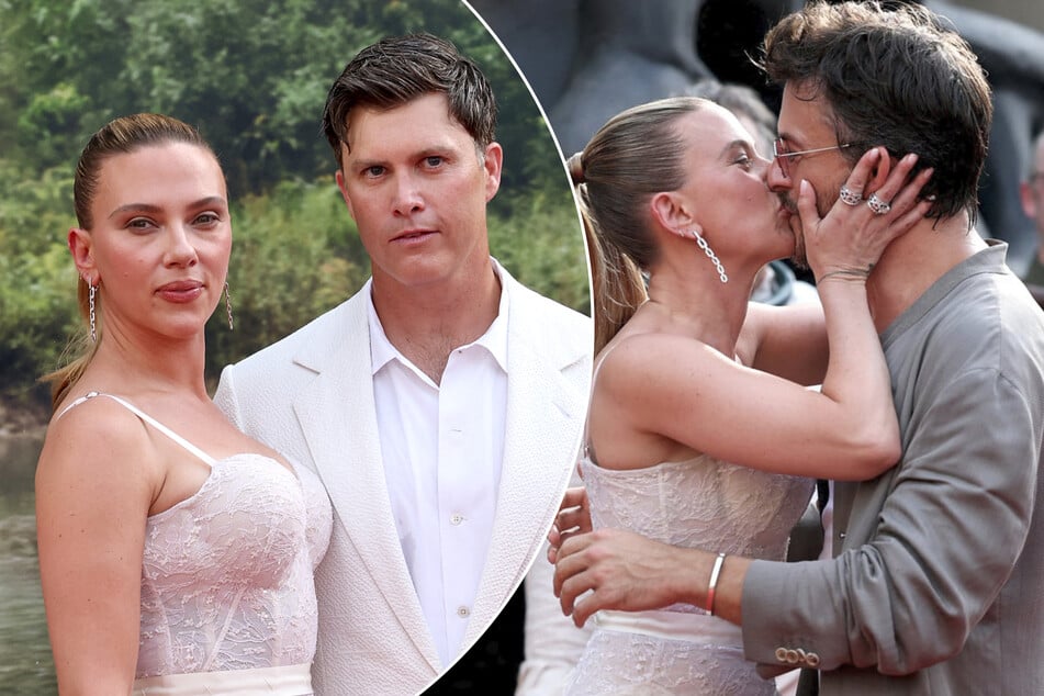Scarlett Johansson kisses co-star Jonathan Bailey on red carpet – in front of her husband