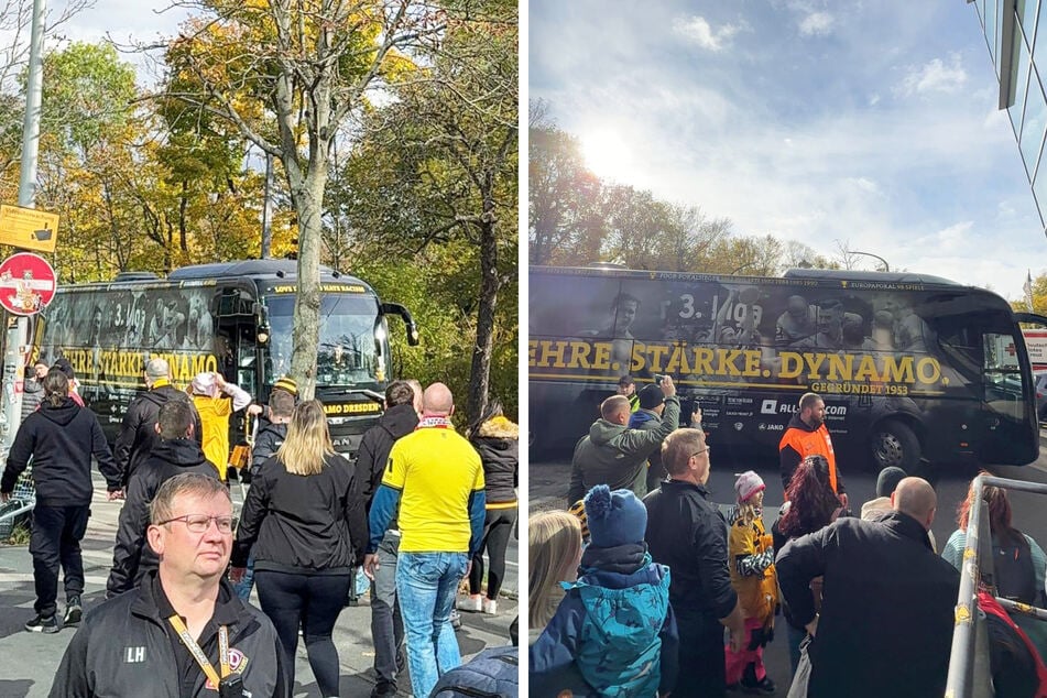 Der Mannschaftsbus von Dynamo Dresden biegt ins Rudolf-Harbig-Stadion ein.