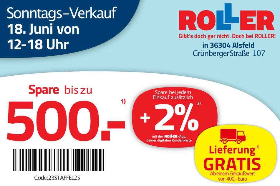 Angebote zum Sonntags-Verkauf (18.6.) bei Roller in Alsfeld.