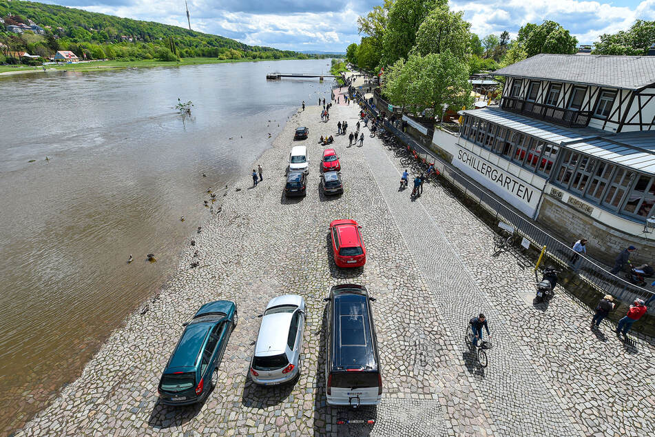 Aufgrund von Hochwasser parkten am vergangenen Wochenende nur wenige Autos auf dem Elberadweg.