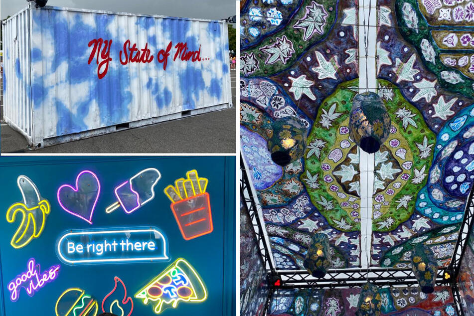 Dumpsters that got an art makeover lined the festival grounds (top l.), along with neon art and a Weedmaps display (r.).